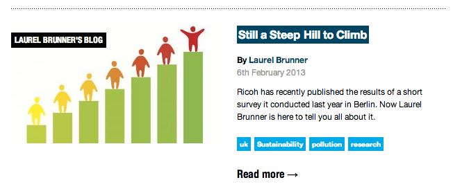 Laurel Brunners' sustainability blog artile called Still a steep hill to climb 