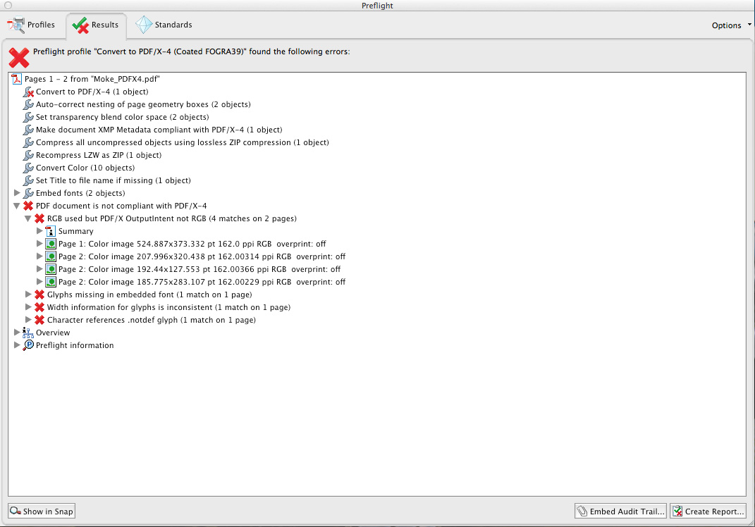 Acrobat preflight PDFX4 fail