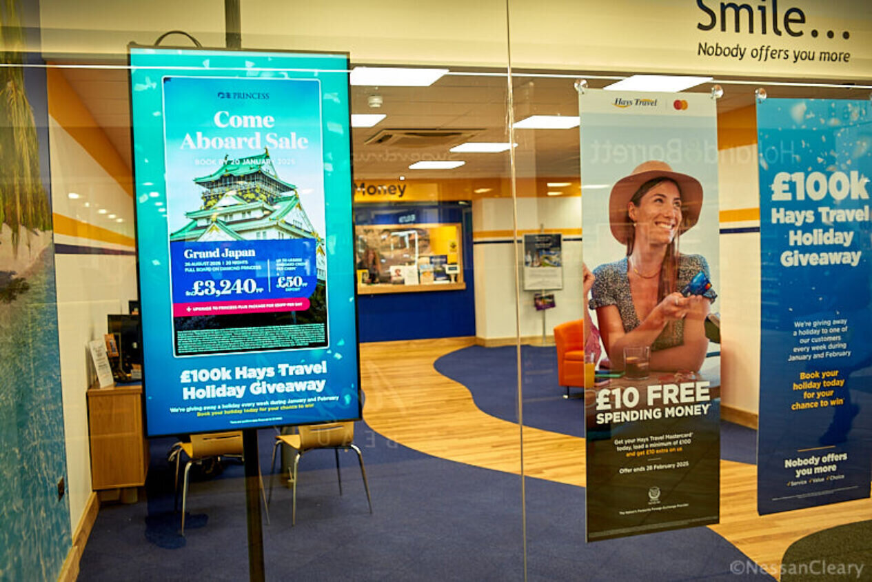 Digital screens can be combined with printed graphics.