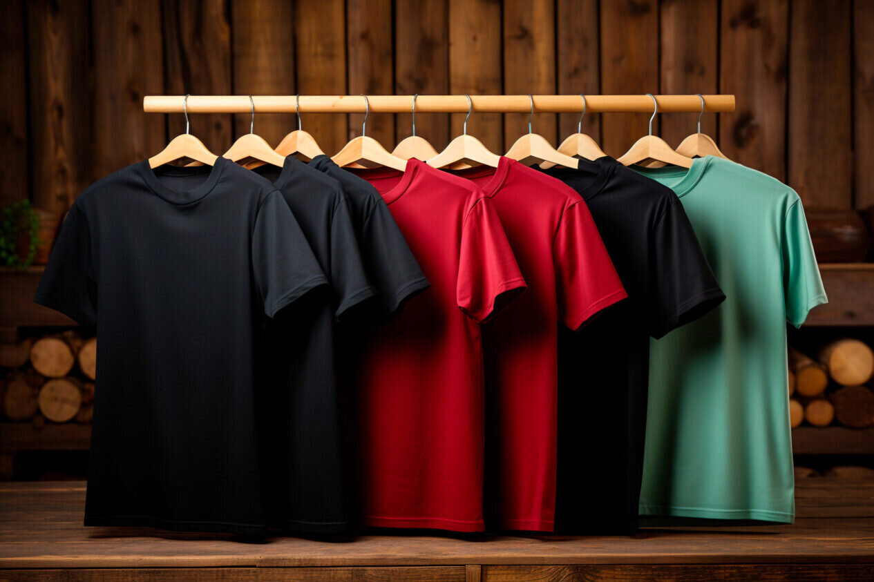 Mockup of black cotton t-tshirt on coat rack on wood wall backgr