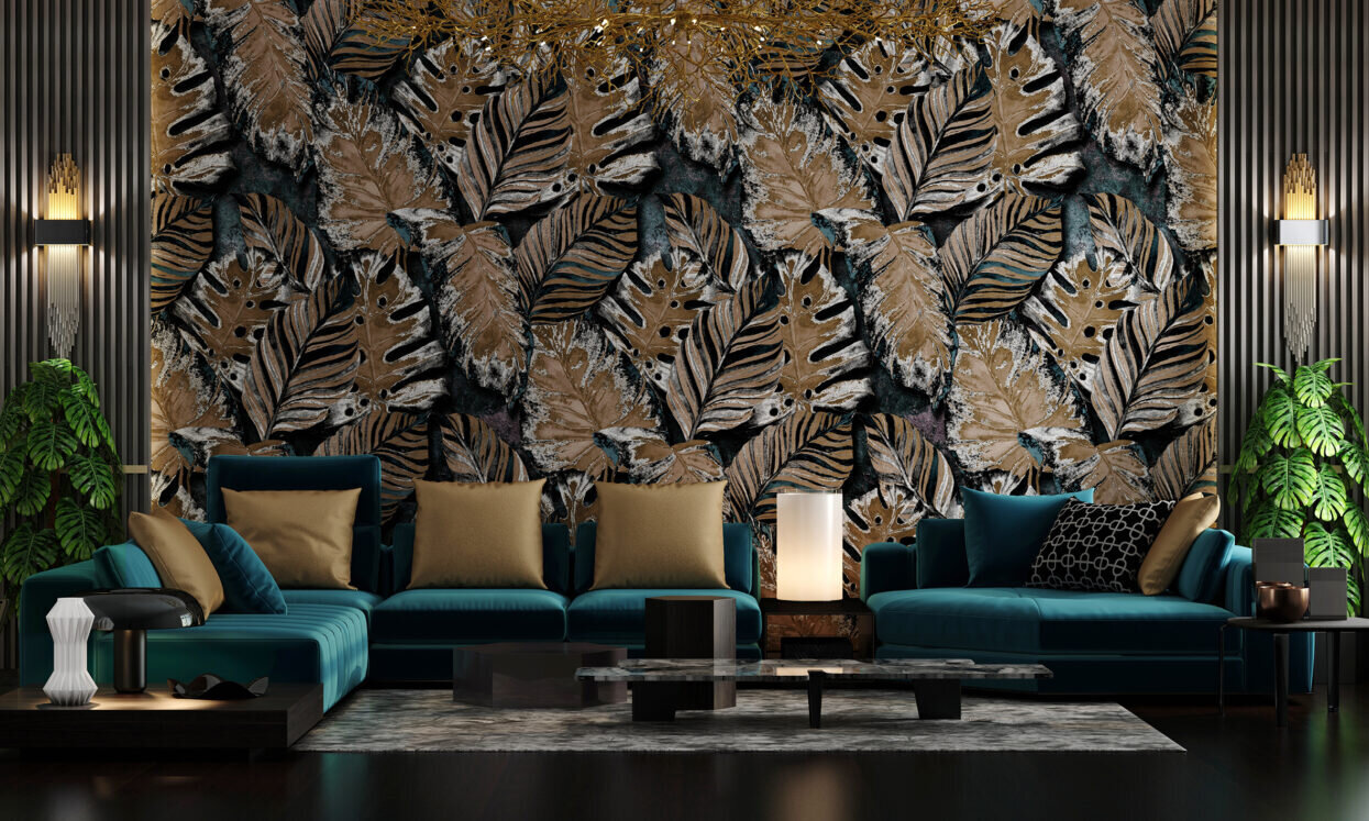 Modern living room design and wallpaper decoration of dry tropic