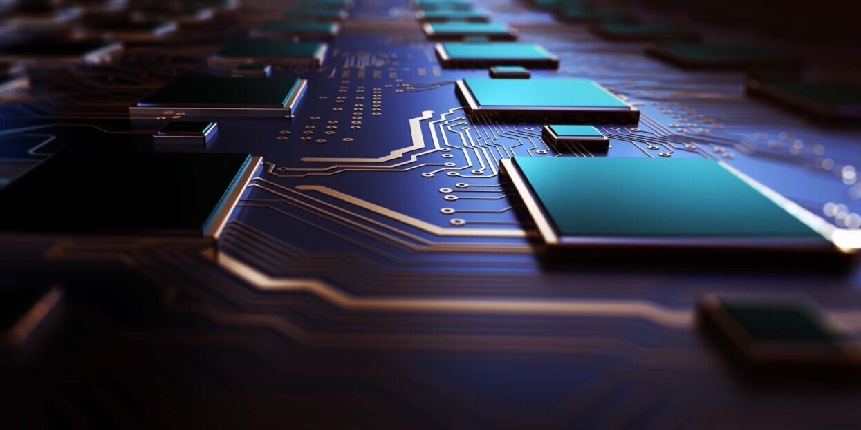 Printed circuit board futuristic server. 3d rendering
