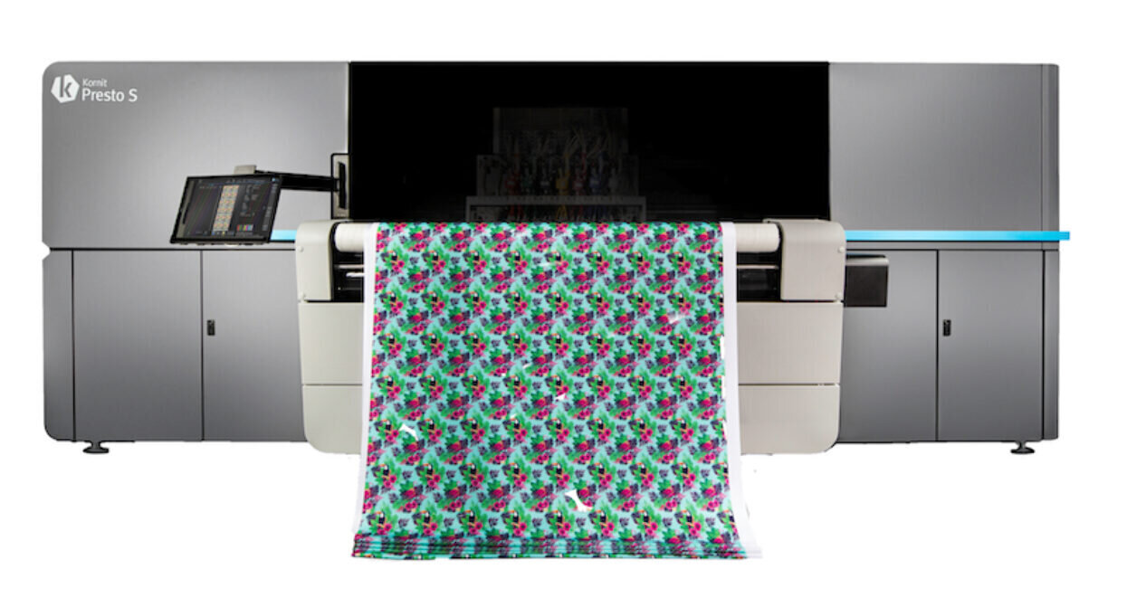 The Kornit Presto is a 1.8m wide roll-fed direct to fabric inkjet printer.