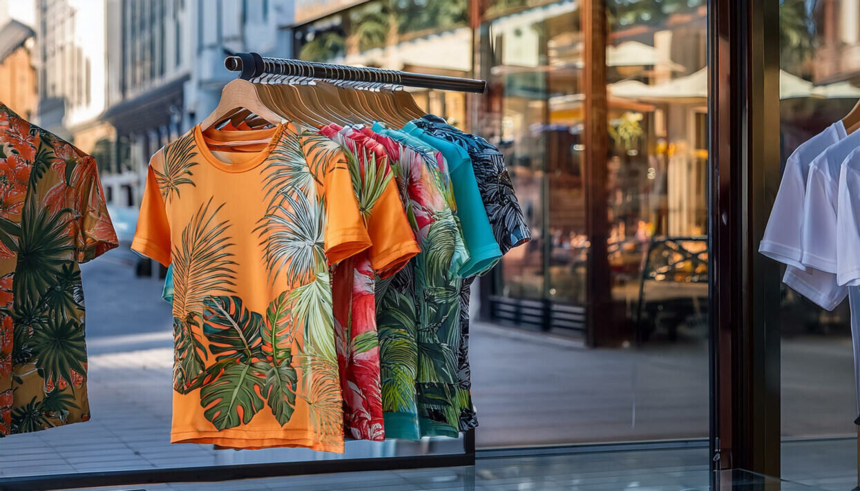 Casual t-shirts with tropical and floral prints displayed in a s