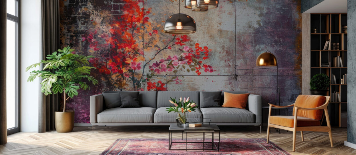 Digital print floral wallpaper for interior decor, wall tiles.