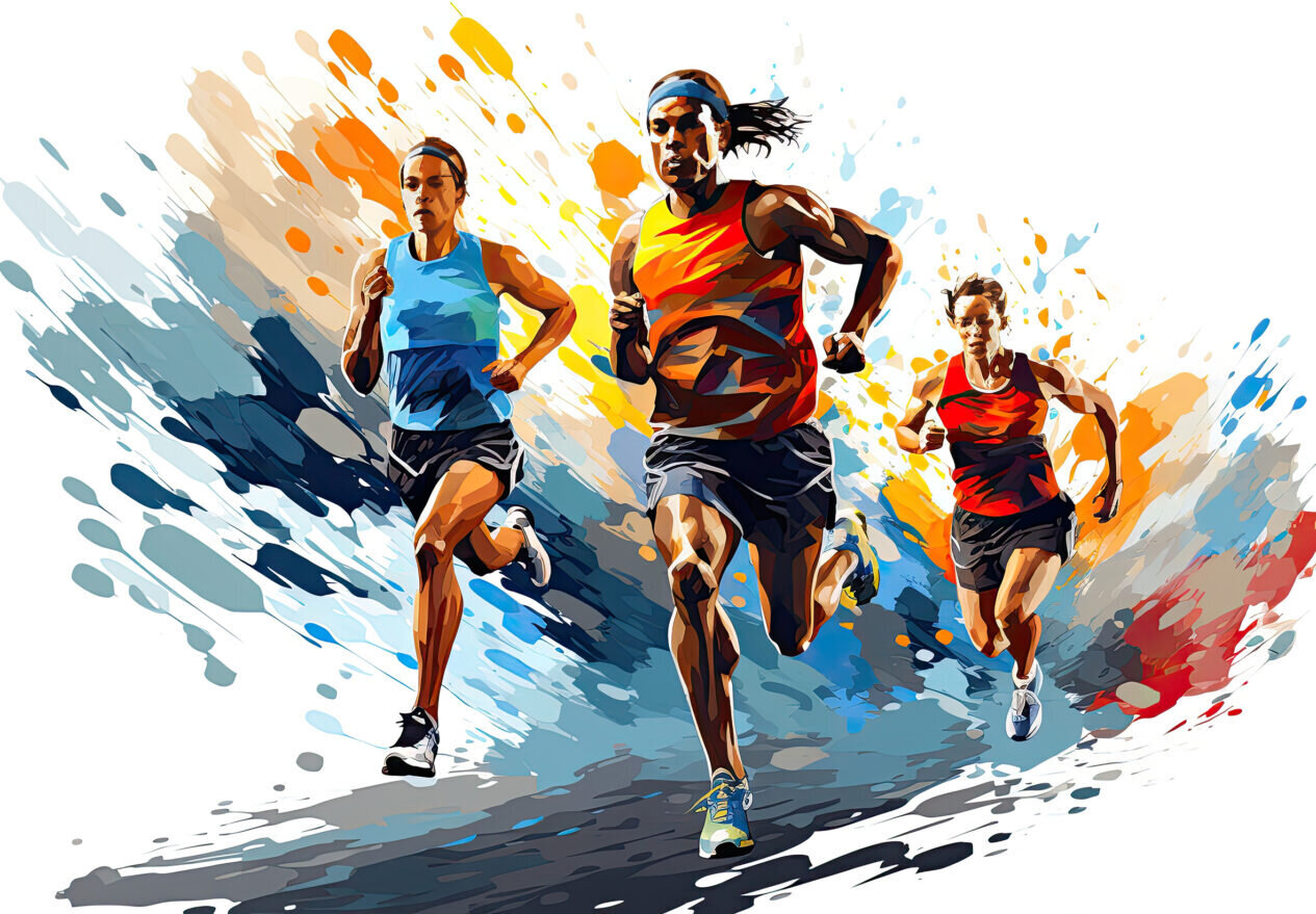 Running people. Marathon. Human activity. Design for sport. Sporting a watercolor style with paint splatters. Illustration for cover, card, postcard, interior design, decor or print.